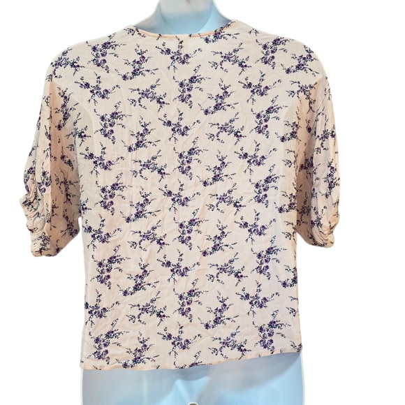 Pink Purple Soft Rayon Floral Print Short sleeve button down top ties waist XL - Picture 4 of 8